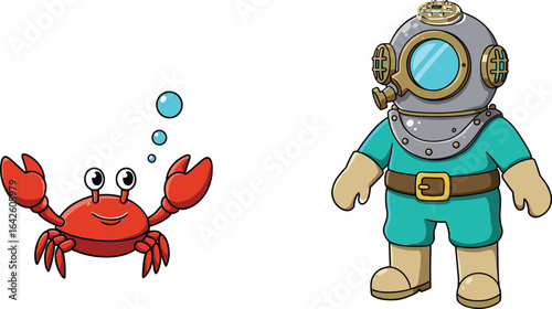 Cute cartoon crab with bubbles, deep sea diver in vintage suit, underwater adventure illustration, marine life, ocean exploration concept