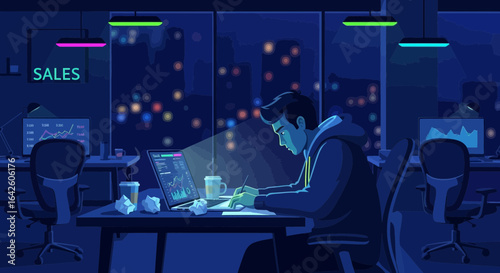 Dedicated worker analyzing graphs late in the office striving for success