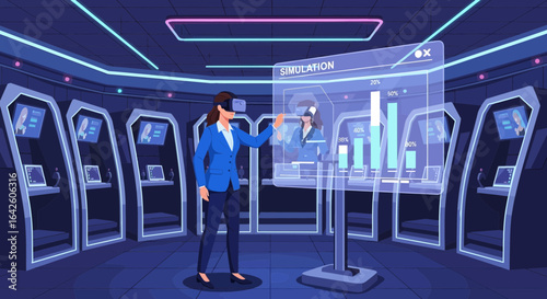 Futuristic virtual reality simulation controlled by a businesswoman