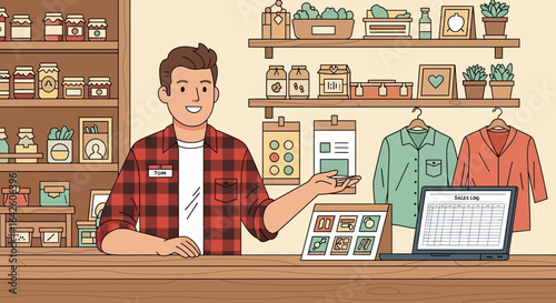 Friendly shopkeeper presenting artisanal products in a cozy small business setting