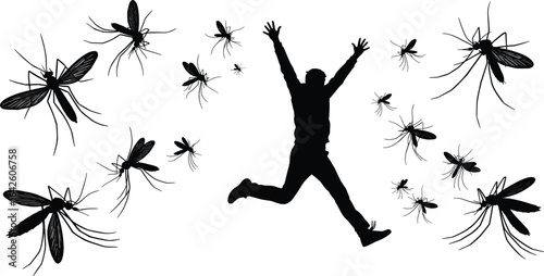 Silhouette man jumping, escaping mosquitoes, insect attack concept, fear of bugs, summer problem, mosquito swarm, pest control, panic reaction image
