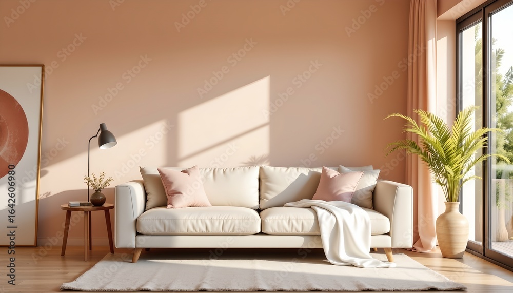 Fototapeta premium Minimalist Living Room with Beige Sofa and Natural Accents