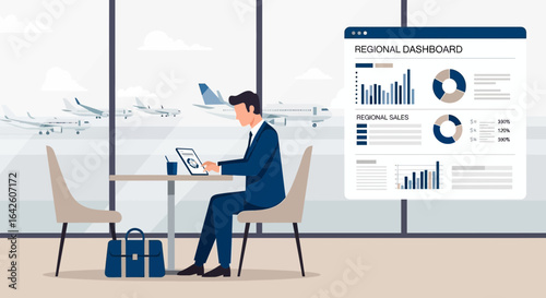 Conceptual business traveler analyzing data at the airport with global reach