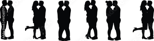 Silhouette of couples kissing, romantic pose, love concept, diverse relationships, LGBTQ couples, intimacy, romance, passion, affectionate moment illustration
