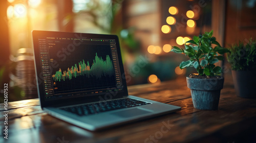 Laptop Displaying Stock Market Data with Green Plant on Wooden Table