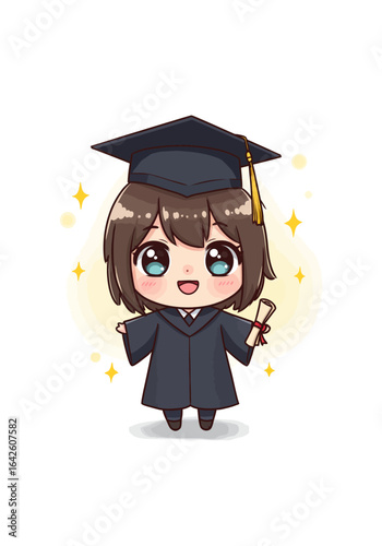 Cute Cartoon Graduate Girl with Diploma and Graduation Cap