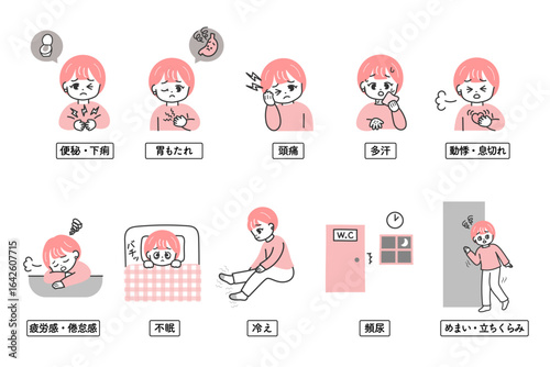 ホルモンバランスや自律神経の乱れによるさまざまな体調不良の症状を示す女性のイラストセット