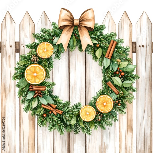 Watercolor Christmas wreath on fence