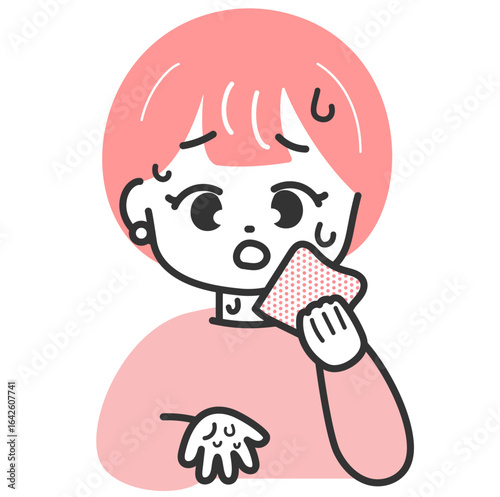 たくさん汗をかいて困っている若い女性のイラスト