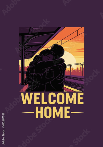 Emotional homecoming vector design for t-shirt screen printing, featuring a couple's silhouette hug at a train station.