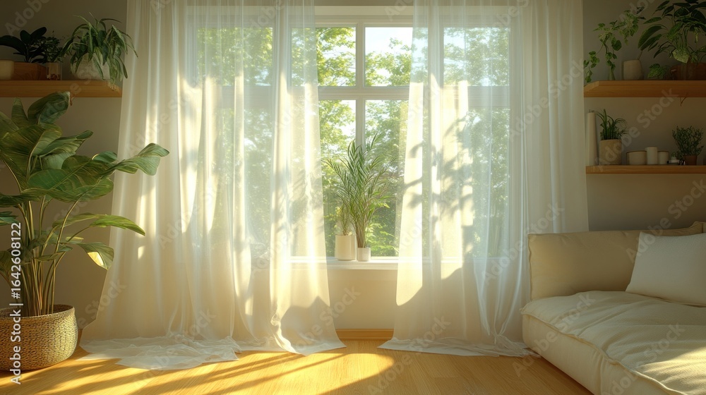 Fototapeta premium Sunny living room with sheer curtains and plants