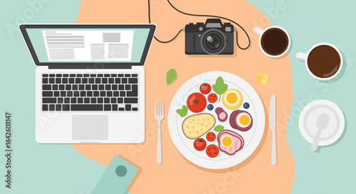 Top-down view of a freelancer's workstation with food and gadgets flat lay