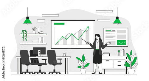 Corporate presentation showcasing growth and positive trend in modern office space