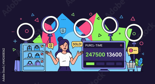 Online fashion live streaming event with host and digital marketing elements