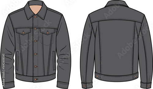 Denim trucker jacket CAD drawing, front and back flat vector, classic outerwear fashion sketch, detailed garment design illustration