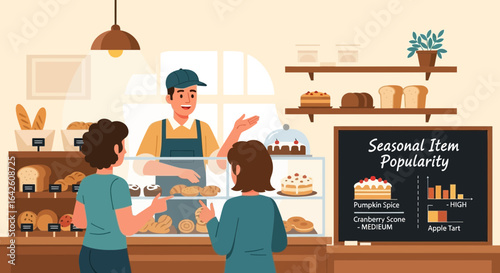 Vibrant bakery scene showcasing seasonal treats and cheerful customer service