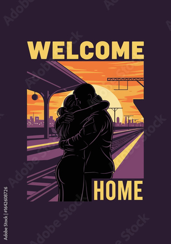 Vintage vector art of a 'Welcome Home' embrace, a perfect graphic for a custom screen printing t-shirt design.