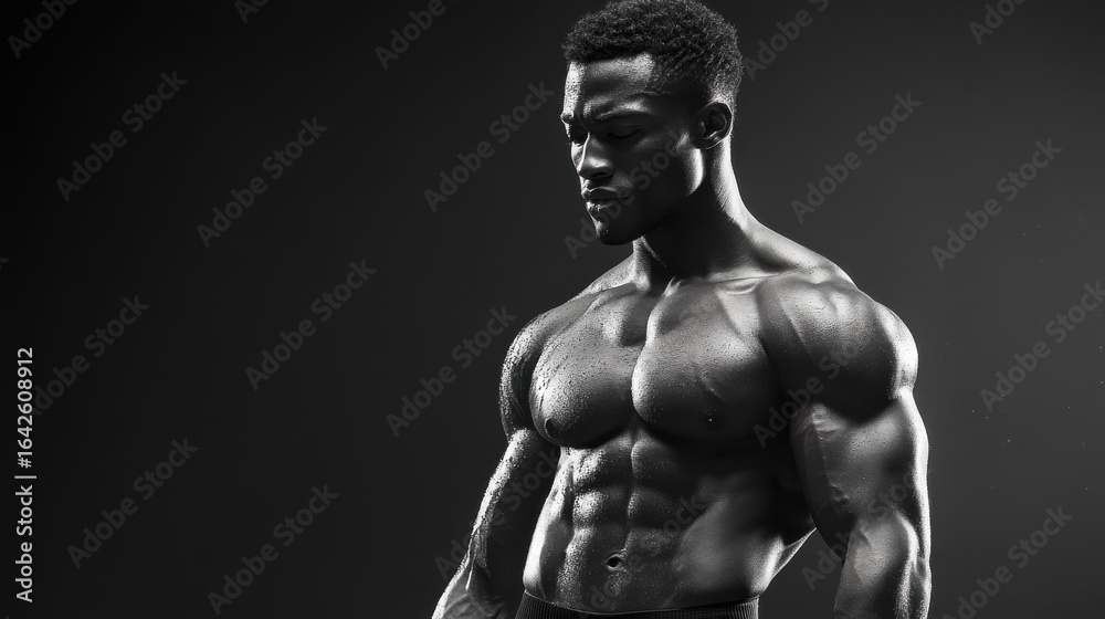 Fototapeta premium Male Bodybuilder Posing in Dramatic Black and White Contrast Lighting