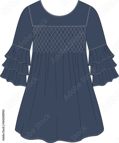 Dark blue ruffle sleeve tunic flat sketch, diamond smocked yoke detail, loose fit dress cad design, vector fashion illustration