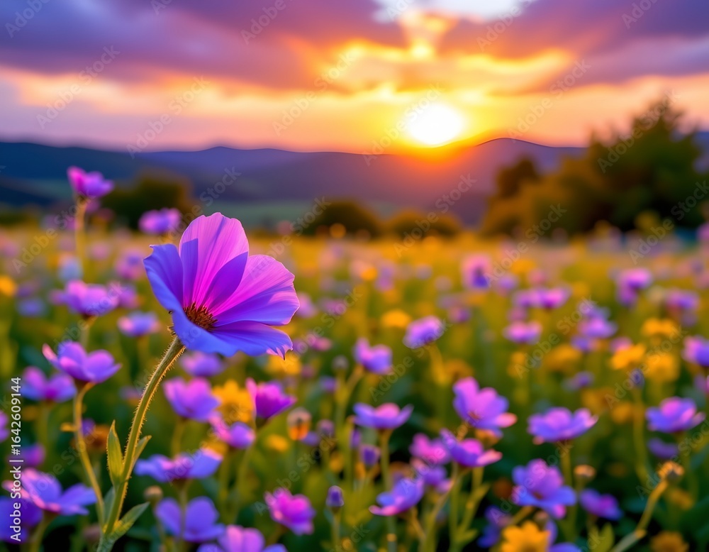 Fototapeta premium Tranquil Purple Flower Field with Vibrant Sky