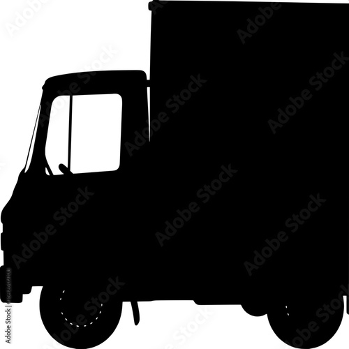 "Minimal flat black silhouette icon of a short delivery vehicle, side profile, vector format, isolated background."