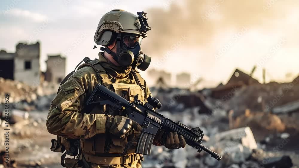 Soldier in military uniform with weapon in war zone Soldier in military uniform with weapon in war zone