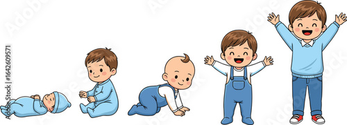 Cute cartoon boy growth stages from newborn to happy child, baby crawling, toddler standing, joyful kid raising hands, white background illustration
