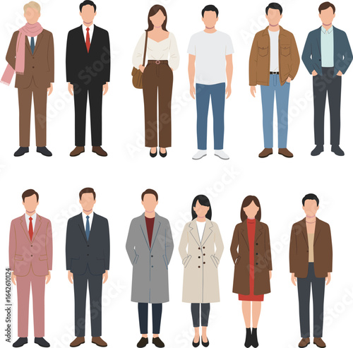 Diverse group of stylish people in modern outfits, standing pose, business and casual attire, flat vector illustration of men and women, fashion, urban lifestyle