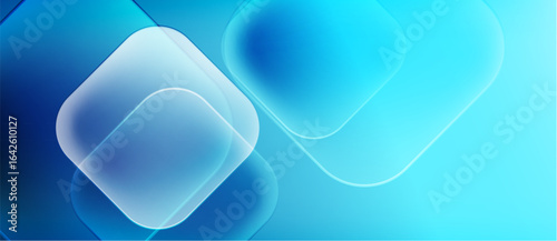 Abstract blue shapes overlap, creating soft gradients. Minimalist design evokes technology, innovation, modern aesthetic. Light plays with transparency.