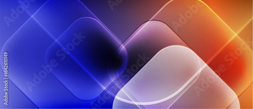 Abstract geometric shapes blend vibrant blues, oranges, reds. Soft gradients create luminous effect, modern design.