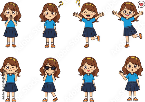 Cute cartoon girl character with different facial expressions, emotions, gestures, happy, surprised, confused, winking, waving, isolated vector illustration set