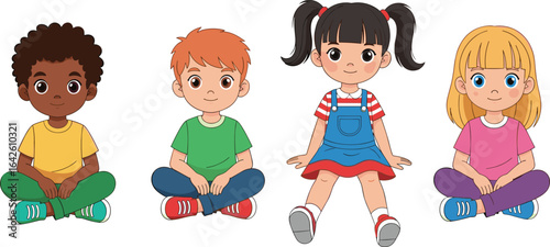Cute cartoon children sitting cross-legged, diverse boys and girls, happy kids illustration, multicultural group of children, colorful outfits, smiling faces, isolated white background