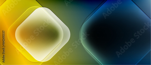 Abstract gradients, geometric shapes, luminous yellow transitions into teal, dark blue. Smooth blending creates modern visual effect.