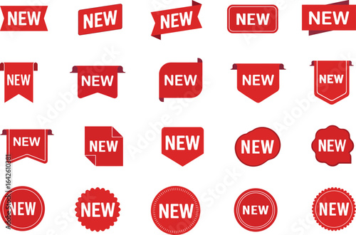 Set of red new tags, labels, and ribbons for promo sticker collection on new arrivals and product sales vector illustration for promotion and ecommerce