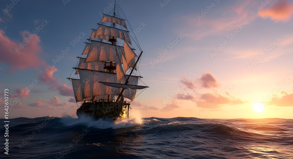 Fototapeta premium Majestic Sailing Ship Cruising Across the Ocean at Golden Sunset