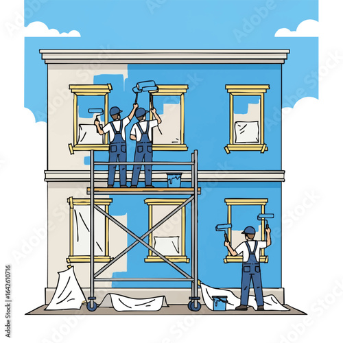 Three painters on a scaffold are painting the exterior walls of a two-story building a light blue color, adding a fresh coat to the windows and frames, enhancing its curb appeal and value.