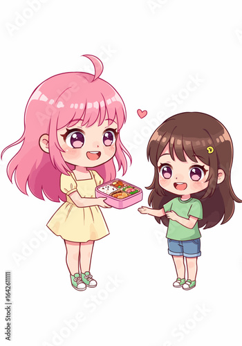 Anime Girls Sharing a Bento Box Lunch Together