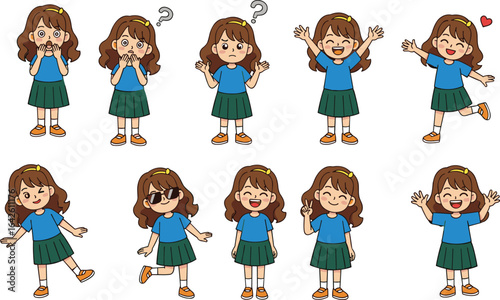 Cute cartoon school girl expressing different emotions, happy, sad, confused, excited, playful, illustration set, character design, vector art collection
