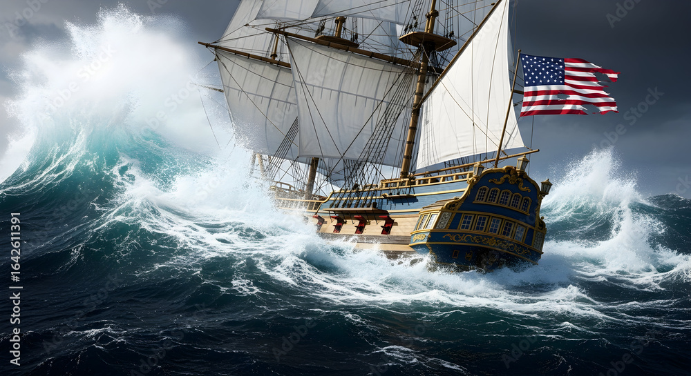 Obraz premium Grand Sailing Ship with American Flag in Turbulent Ocean Storm