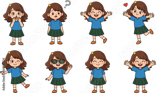 Cute cartoon school girl showing different emotions, happy, sad, confused, playful, winking, character illustration set, vector art, child design