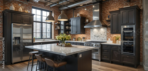  Luxury Kitchen Room Featuring Industrial Elements, Exposed Brick Walls, and High-End Steel Appliances.


