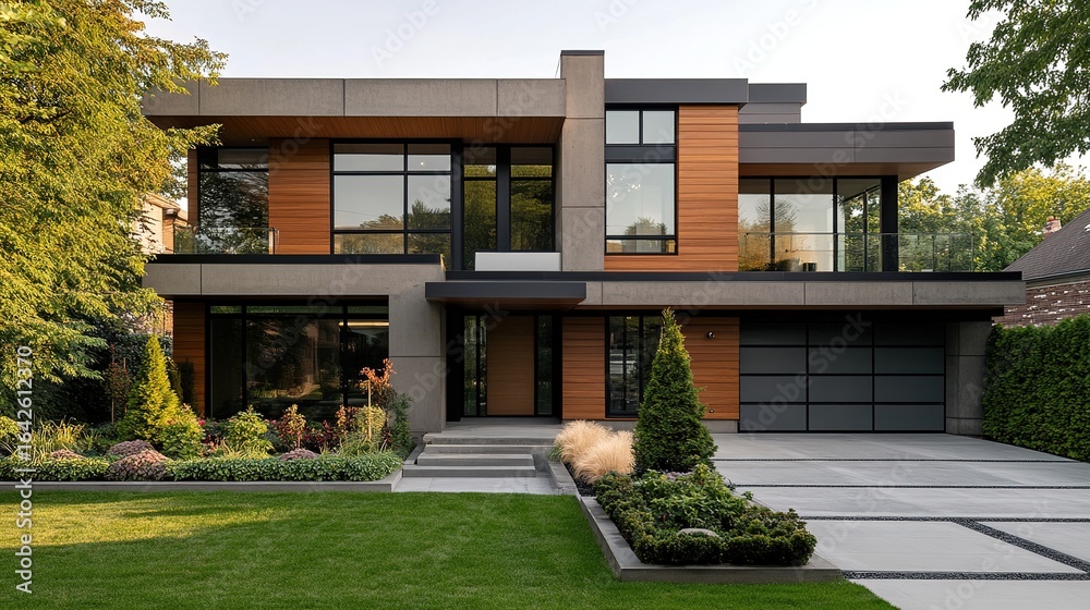 Fototapeta premium Two-story modern house with wood and concrete exterior, front yard with landscaping.