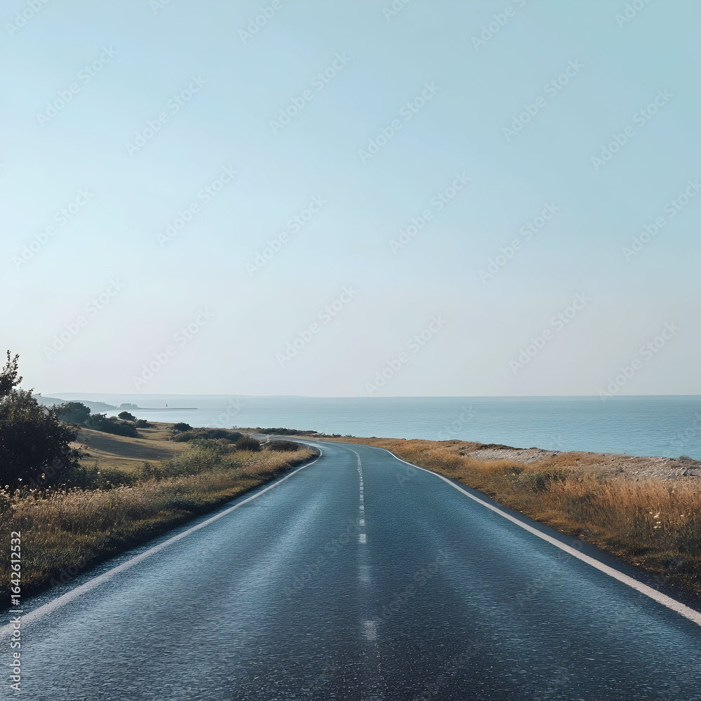 Coastal highway winding beside ocean shoreline, wet asphalt reflecting bright sunlight, stretching toward distant horizon where sky merges with marine landscape Coastal highway winding beside ocean shoreline, wet asphalt reflecting bright sunlight, stretching toward distant horizon where sky merges with marine landscape