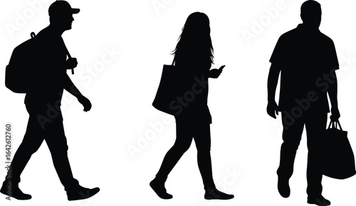 Silhouettes of walking people, carrying bags, casual attire, daily life scene, man and woman walking, travel, shopping, mobile phone use