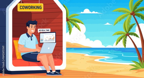 Digital nomad enjoys beachside coworking pod, balancing work and tropical paradise