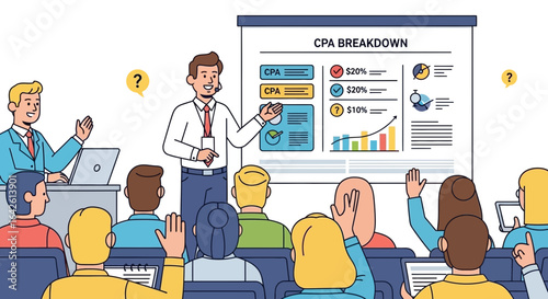 Illustrative business seminar presentation with audience engagement and question marks