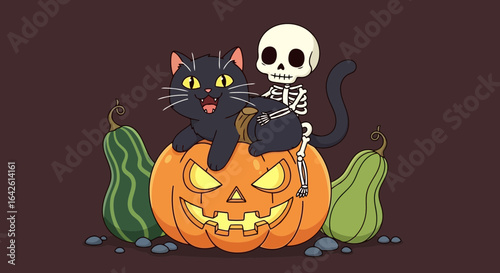 Vector art of cute black cat and skeleton sitting on a carved pumpkin with gourds on the sides, celebrating halloween night with a spooky and fun atmosphere