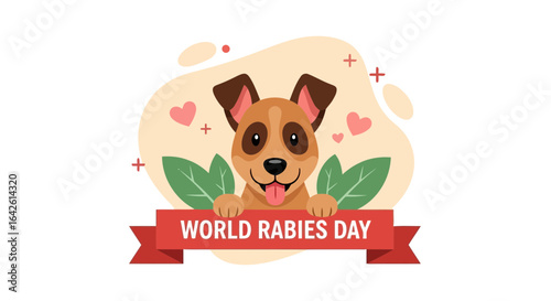 Vector art of cute cartoon dog with a banner that says world rabies day, symbolizing awareness and prevention of the disease, isolated on white background