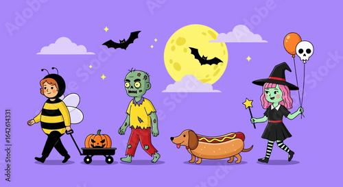 Vector art of children in halloween costumes, including a bee, zombie, witch, and a dachshund dressed as a hot dog, walk under a full moon with bats and clouds