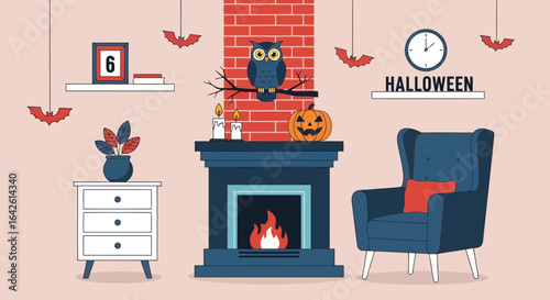 Vector art of cozy halloween living room interior with a fireplace, armchair, nightstand, and seasonal decorations including a pumpkin and owl, creating a festive autumn atmosphere
